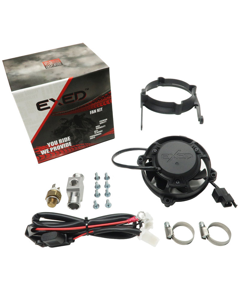 Exed Parts™: kit con ventilador de radiador Exed y soporte de montaje para KTM y HUSQVARNA, con interruptor térmico, 2017 a 2023, 2 y 4 tiempos