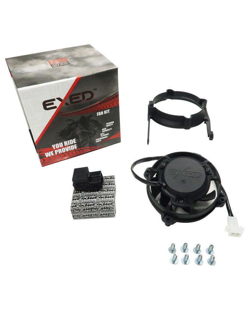 Exed Parts™ – Kit with Radiator Fan and Mounting Bracket for KTM and HUSQVARNA TPI, with Relay, 2017 to 2023, 2+4 Stroke