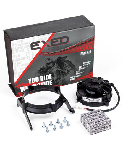 Exed Parts™ – Kit with Radiator Fan and Mounting Bracket for KTM and HUSQVARNA TPI, with Relay, 2017 to 2023, 2+4 Stroke